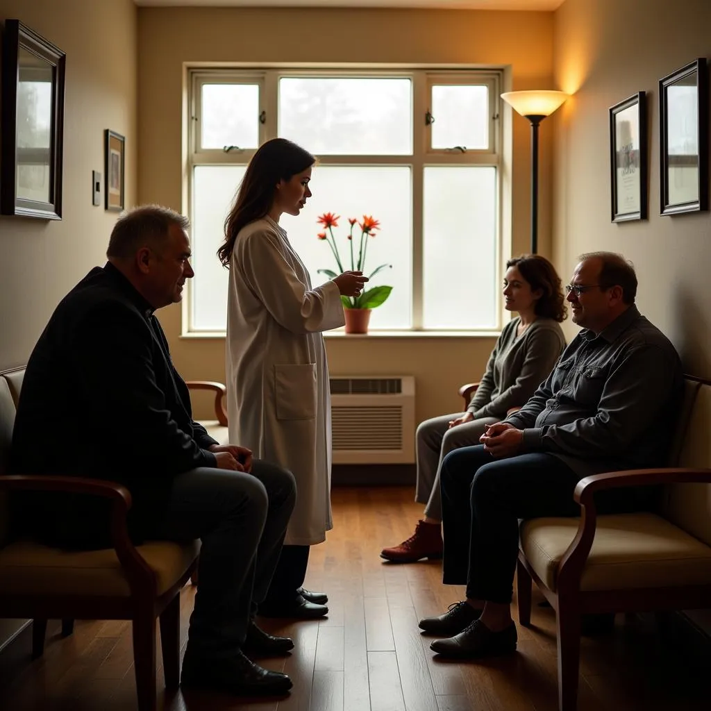 Chaplain talking with family members in a hospital waiting room