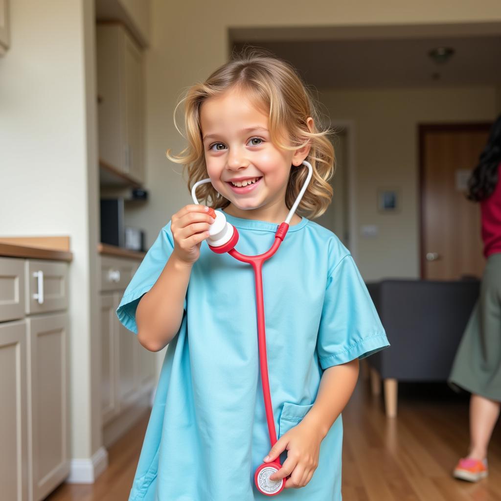 Child happily playing dress-up with a hospital gown