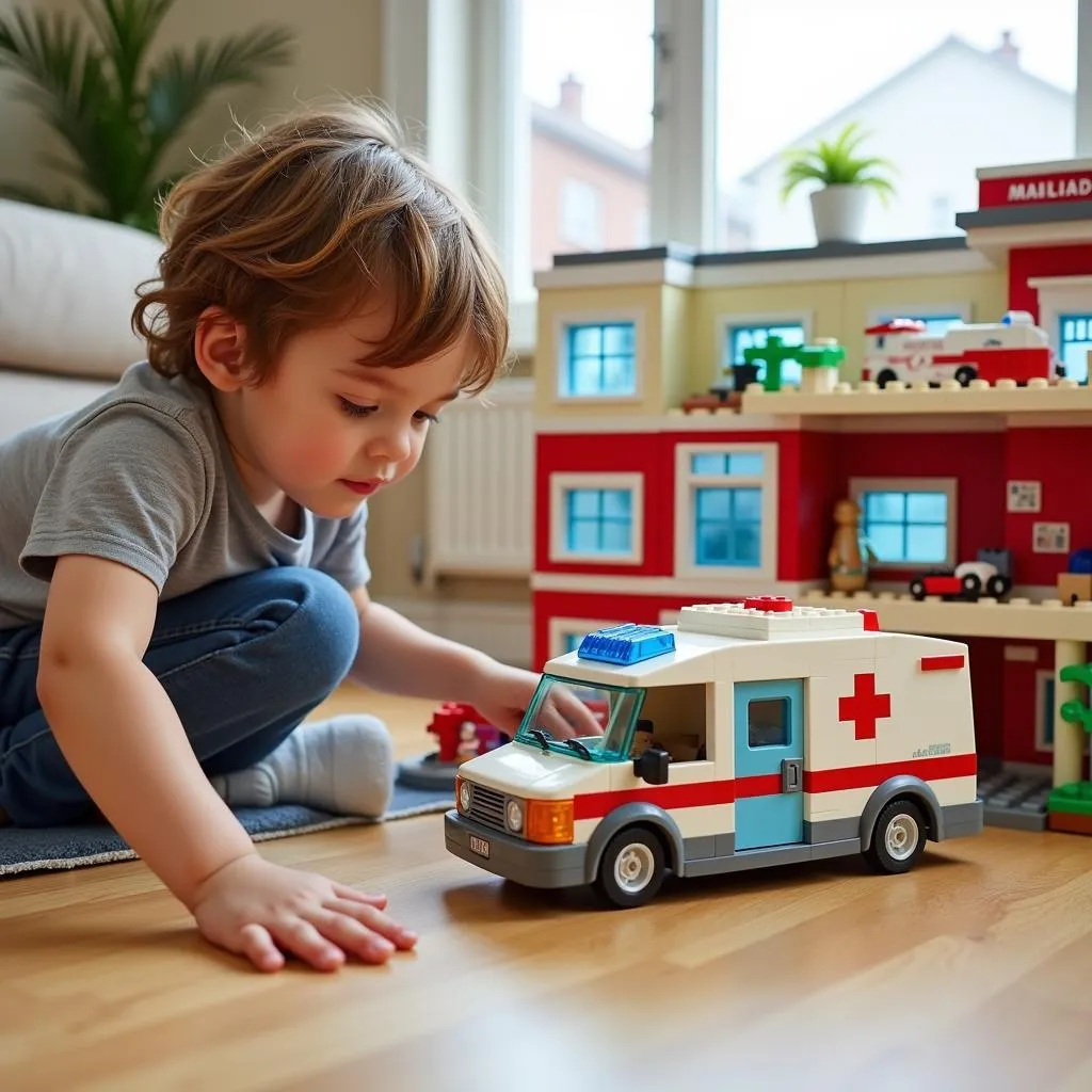 A child engrossed in play, using a toy ambulance with their Lego classic hospital set