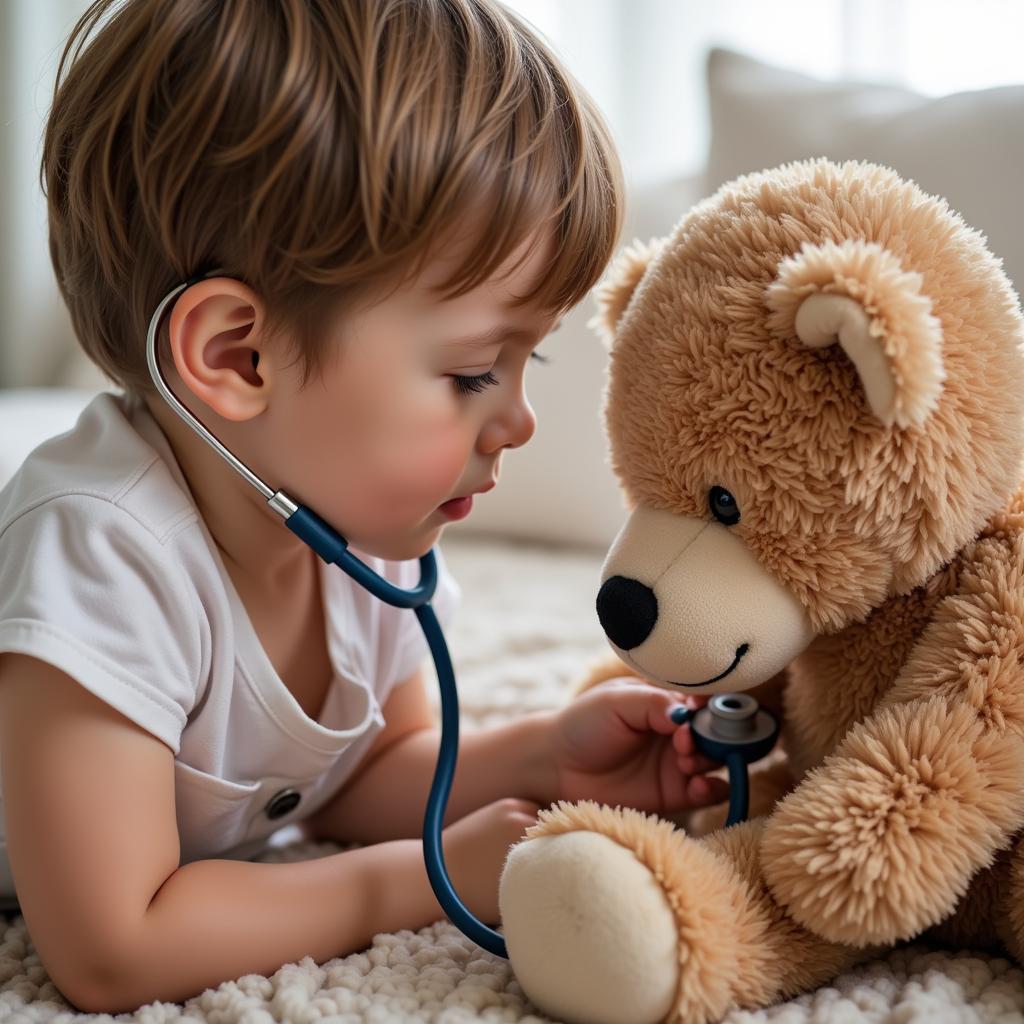 Child Examining Teddy Bear with Toy Stethoscope