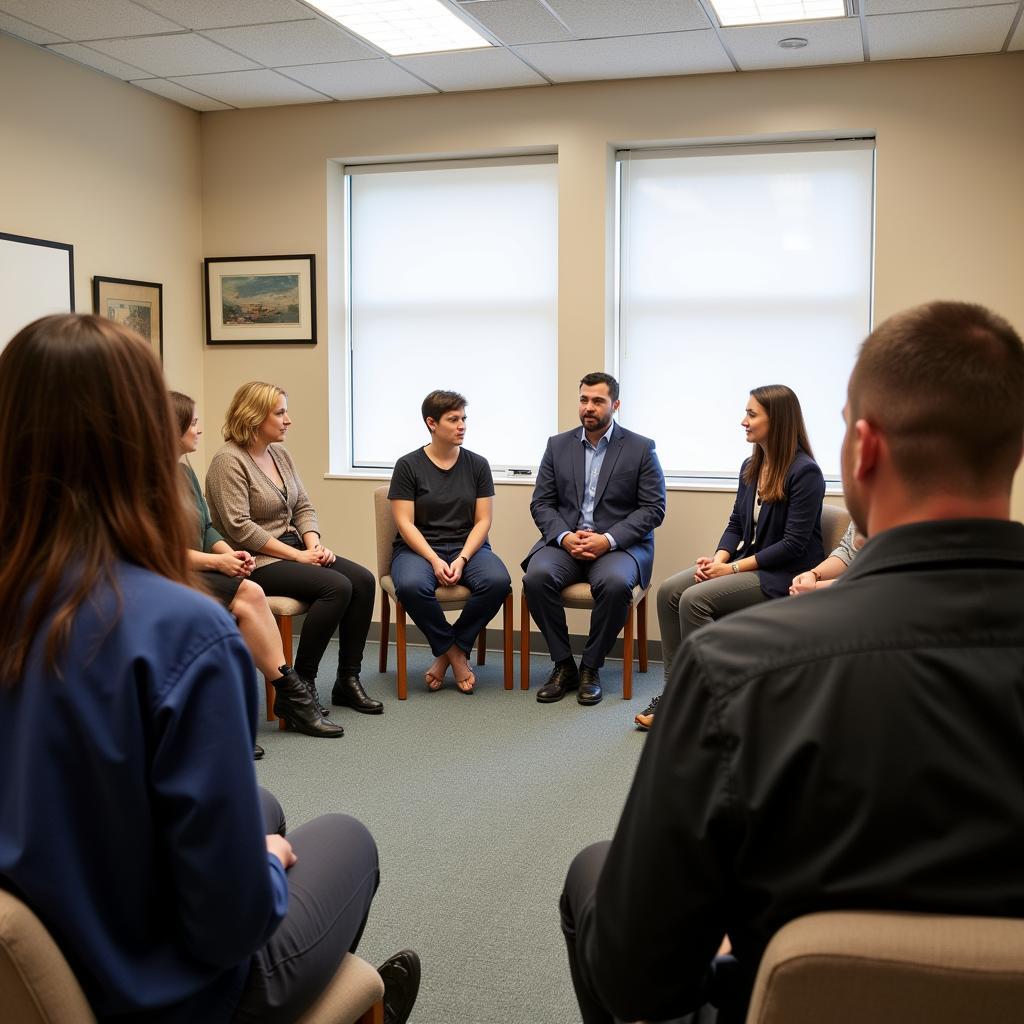 Patients and therapist engaged in group therapy at Clark Memorial Hospital