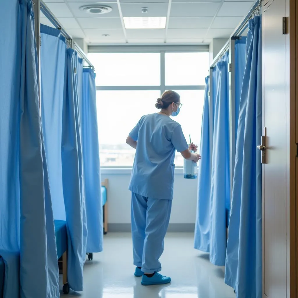 Hospital staff cleaning cubicle curtains