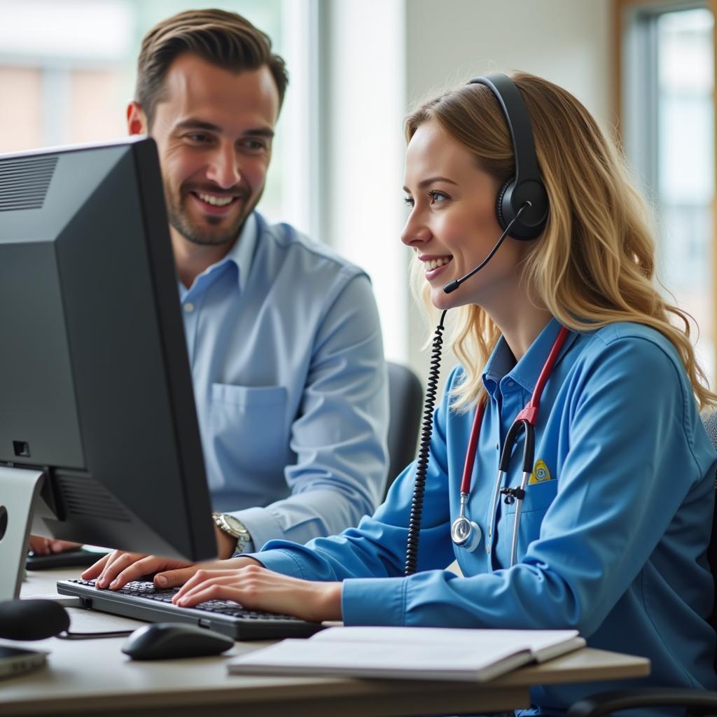 Friendly hospital phone operator assisting a caller