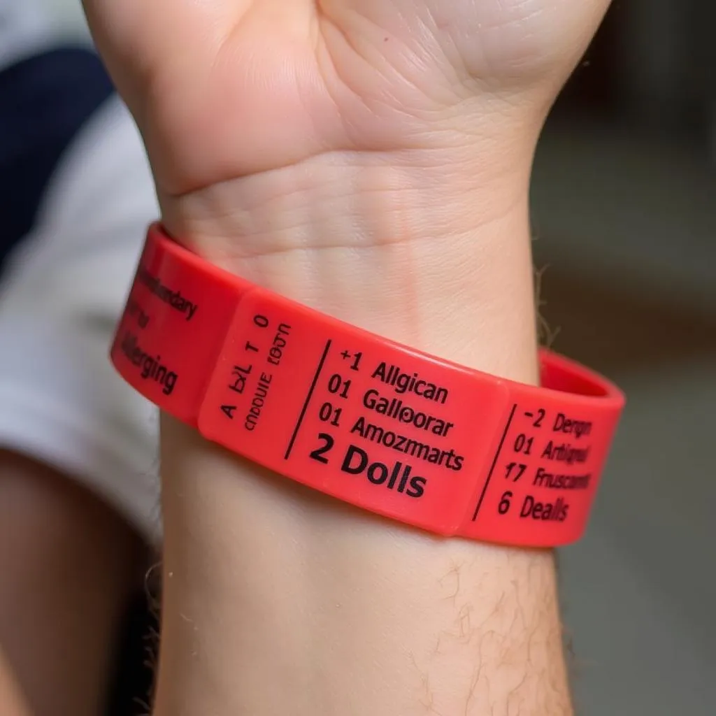 Close-up view of a red wristband with detailed allergy information