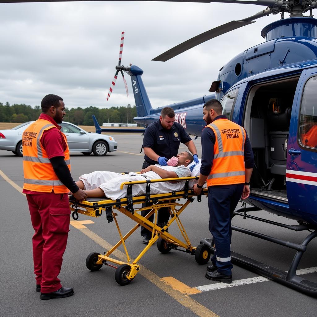 Medical team preparing a patient for air transport at Cobb General Hospital heliport