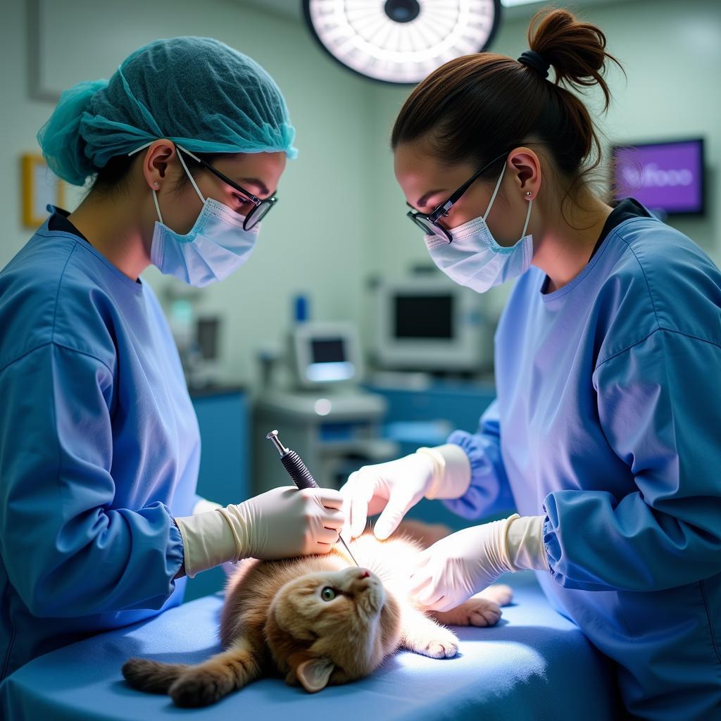 Surgical team performing a procedure in a sterile operating room at Colfax Animal Hospital