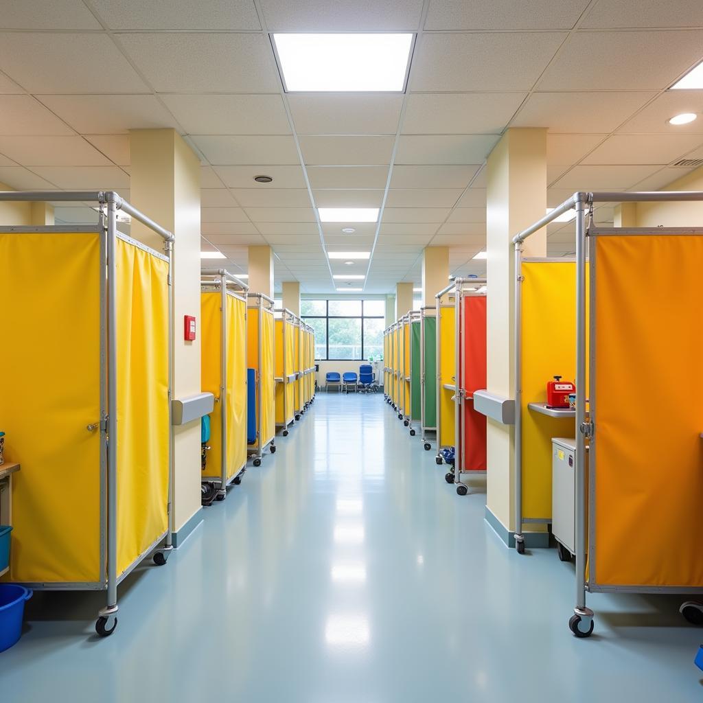 Brightly colored hospital divider curtains in a children's ward