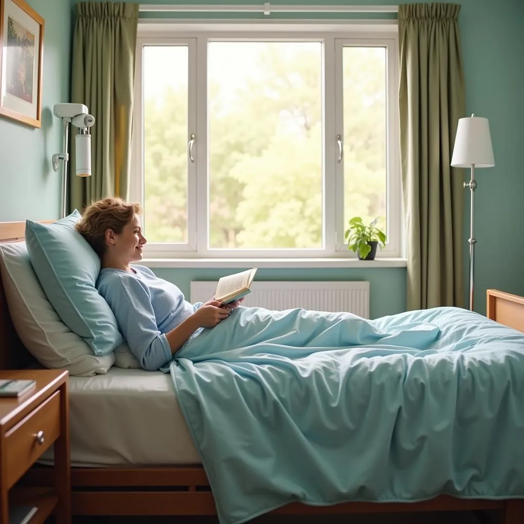 Bright Hospital Room with Patient Comfortably Reading in Bed