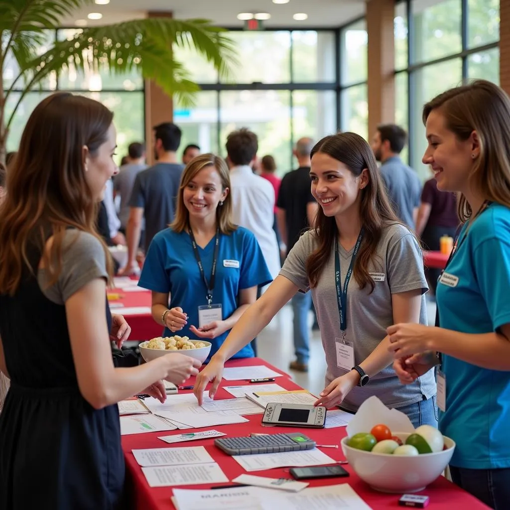 Smiling volunteers assisting attendees at a health fair