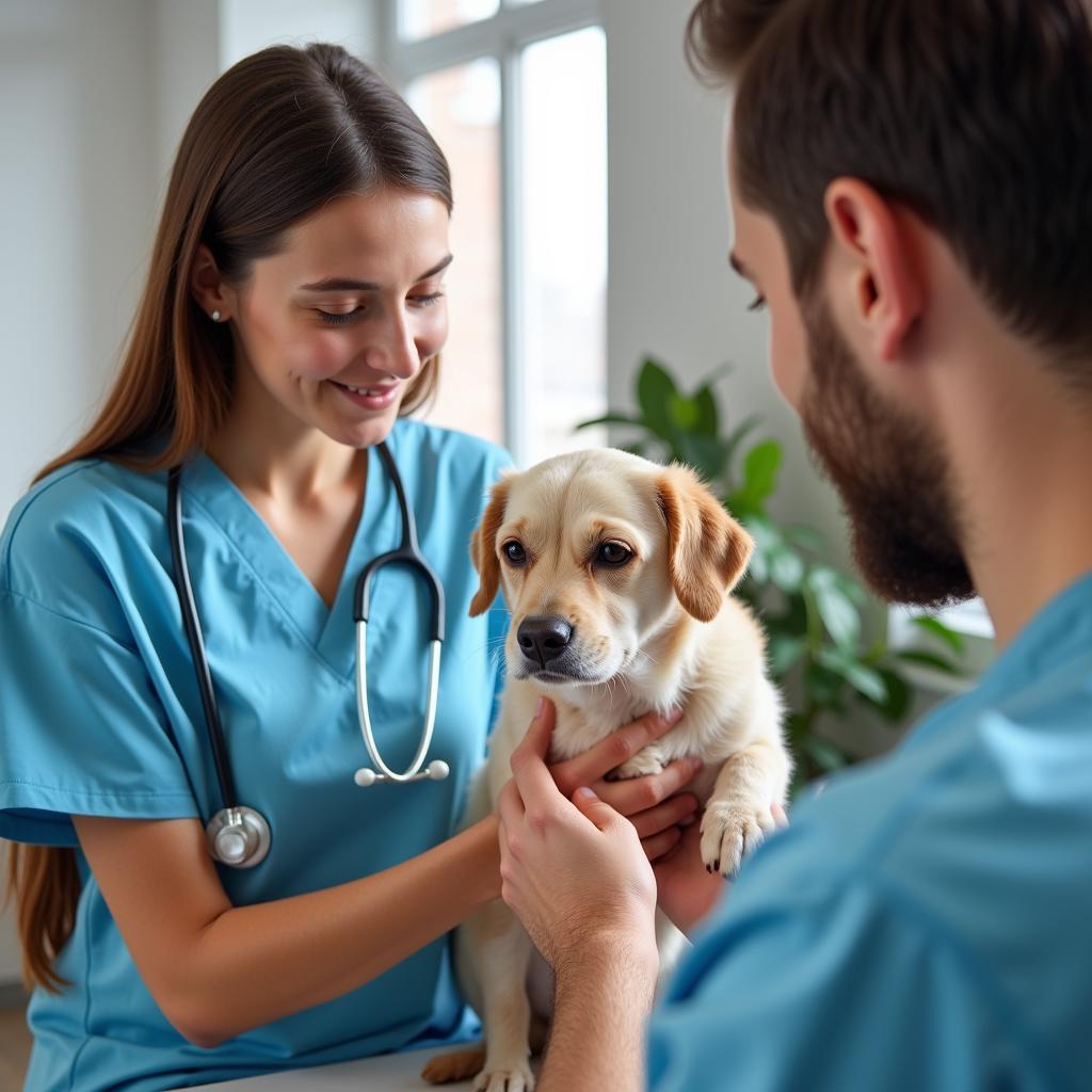 A veterinarian gently examining a cat while the owner comforts it.