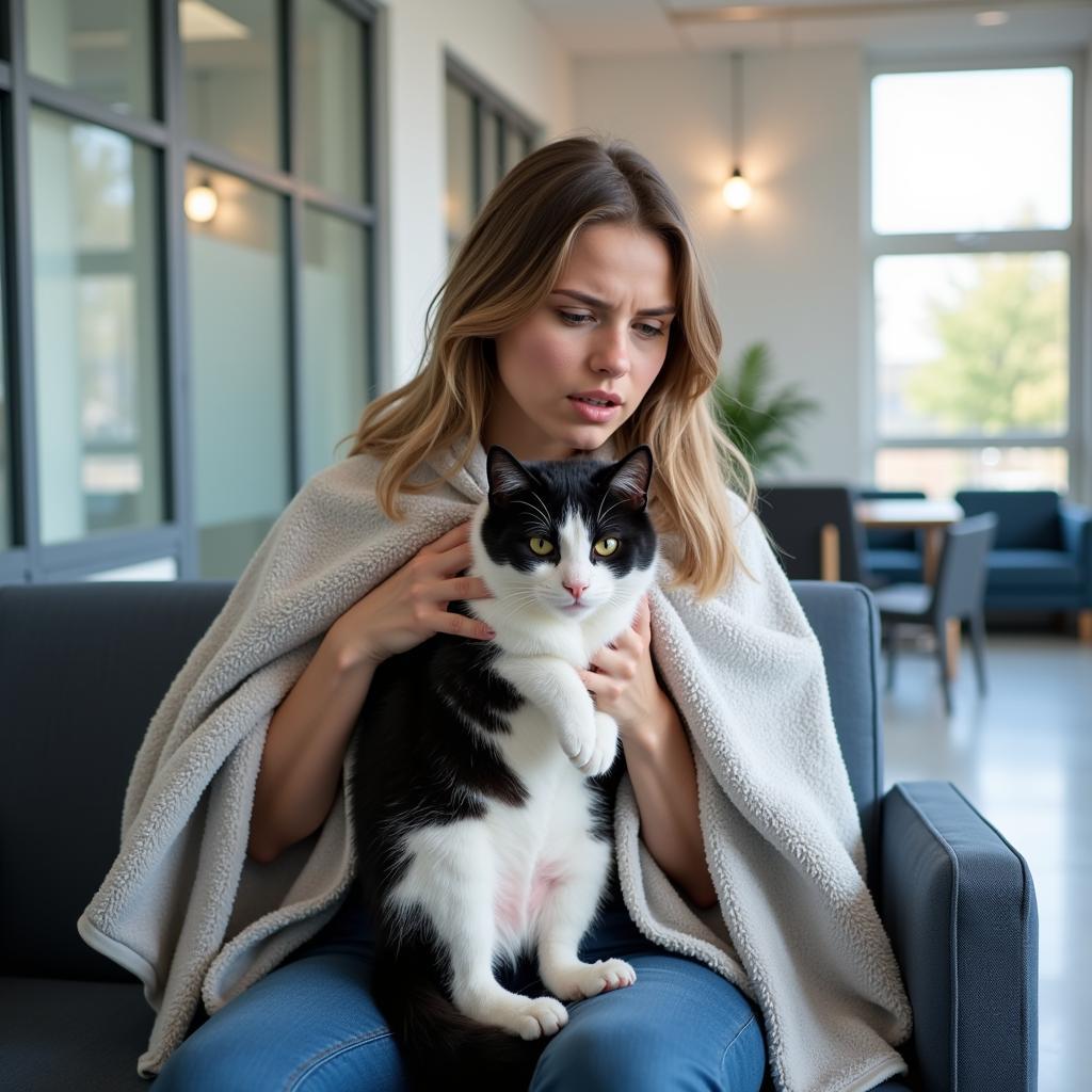 Concerned pet owner comforting their cat in a 24 hour vet hospital waiting room