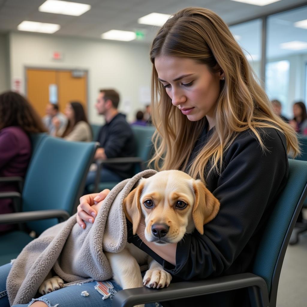 Concerned Pet Owner in Waiting Room of Emergency Animal Hospital