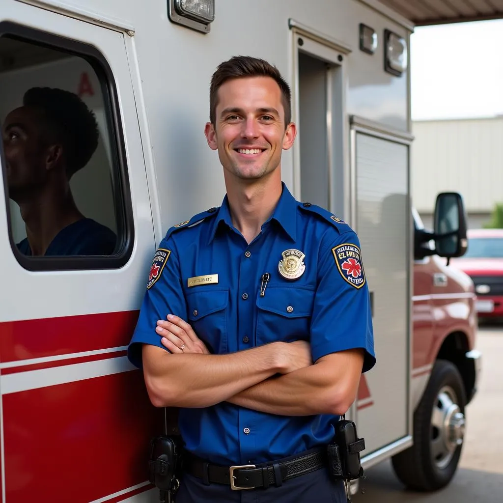 Confident EMT professional standing near ambulance