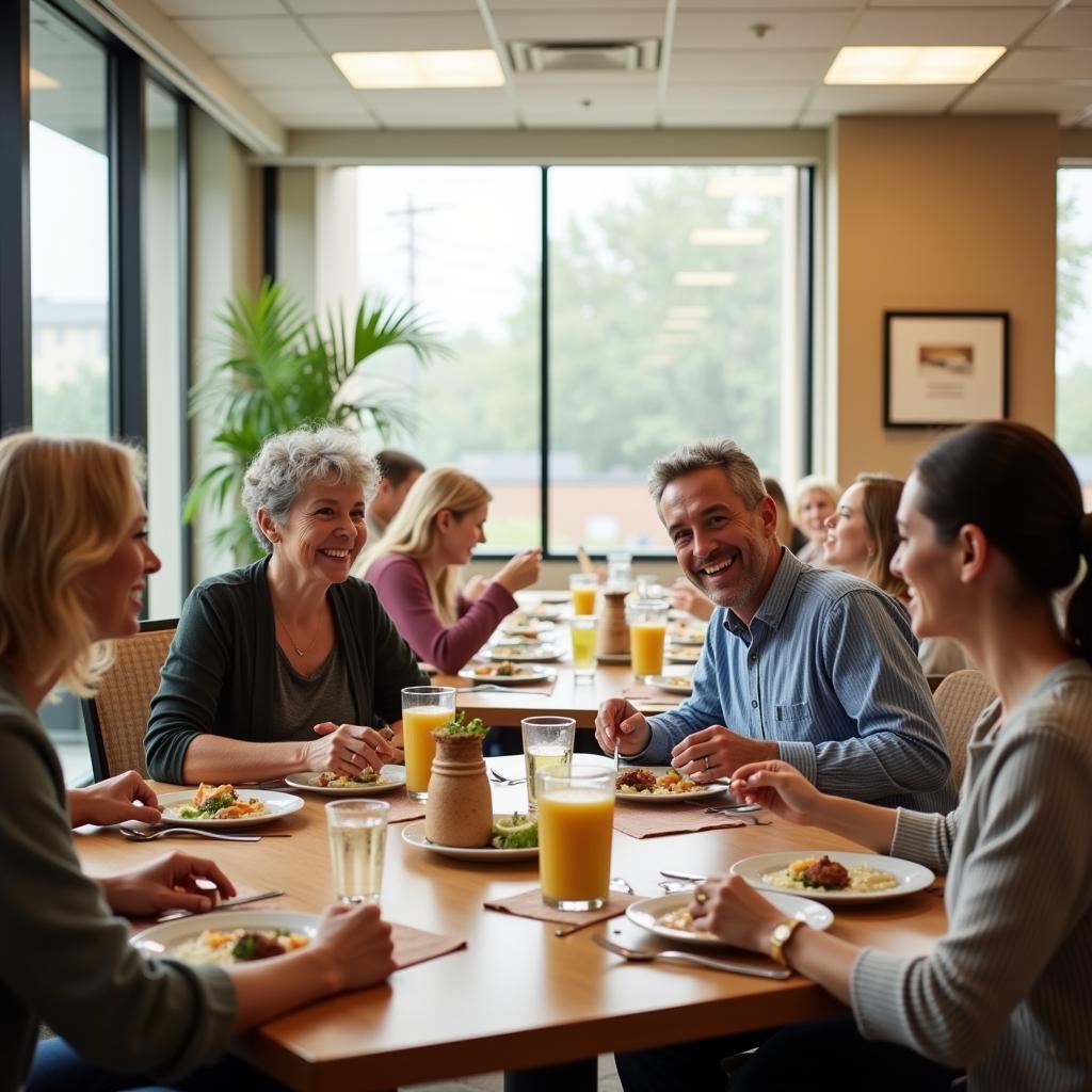 Patients enjoying a meal together in a bright and spacious dining area