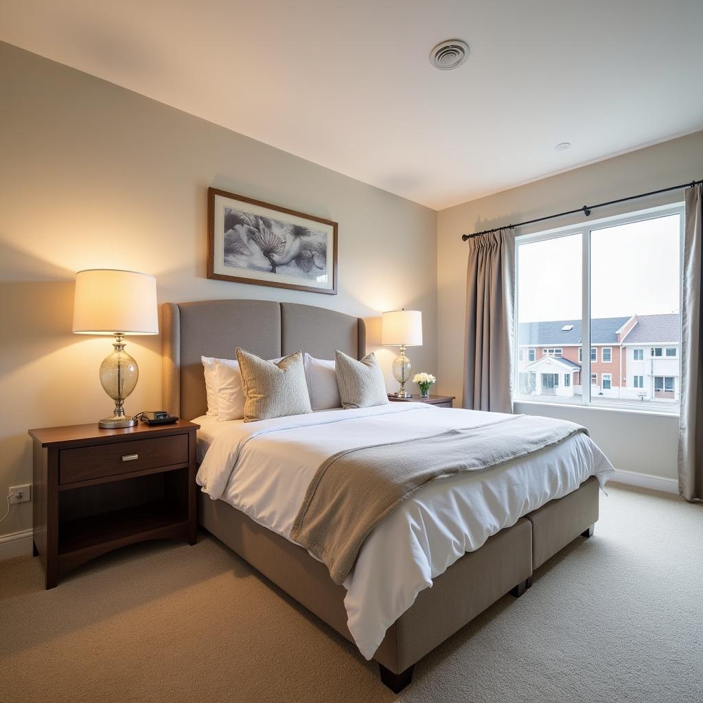 Modern and cozy bedroom in a corporate apartment in Odessa