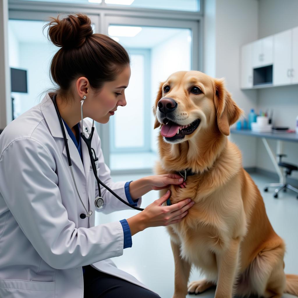 Veterinarian examining a dog in a modern exam room