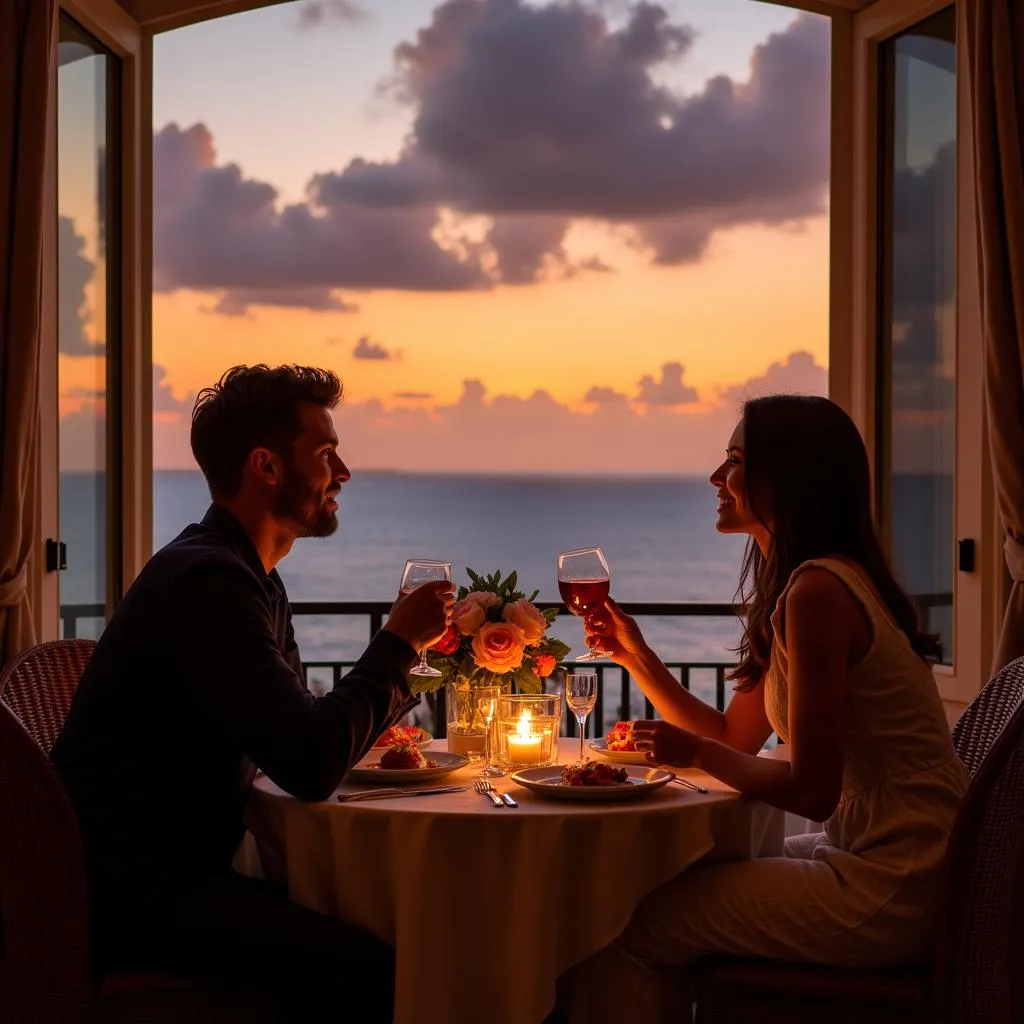 Couple Enjoying Romantic Dinner Overlooking Ocean