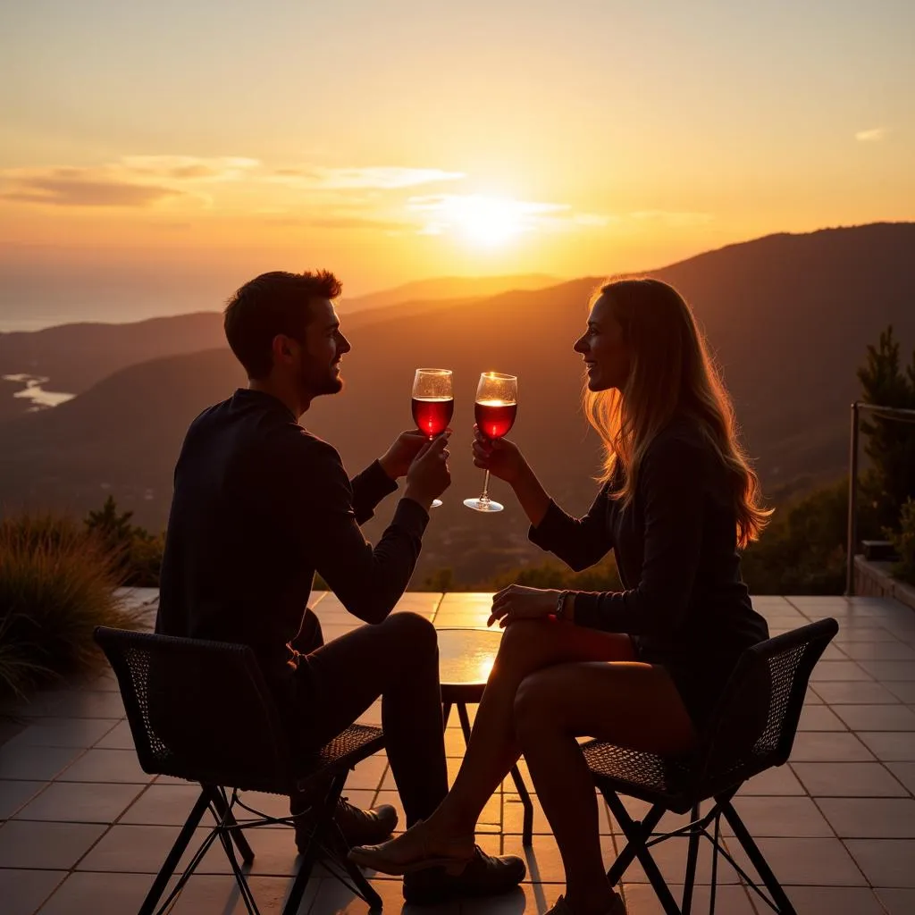 Couple enjoying wine on a terrace with a panoramic hillside view