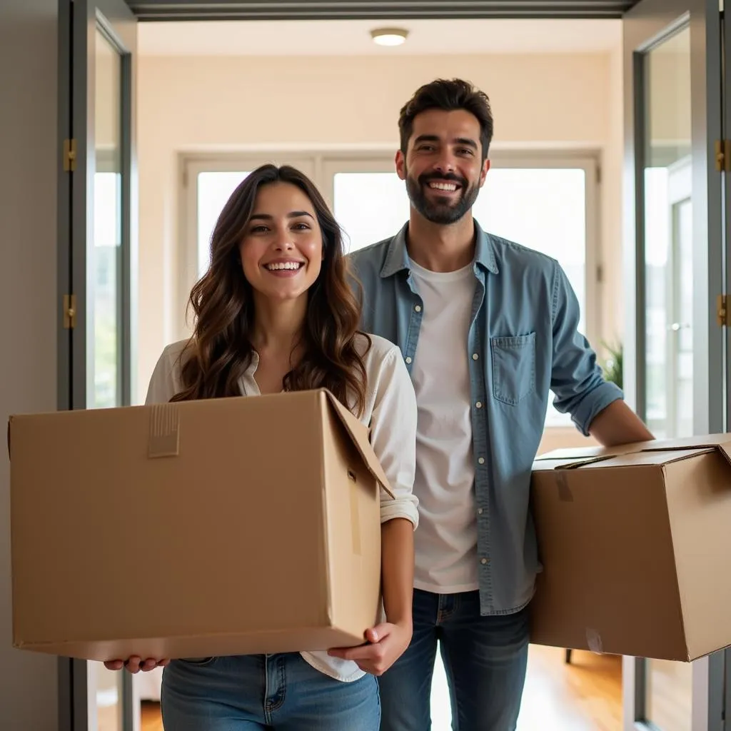 Happy couple moving into their new apartment near St. Mary's Hospital.