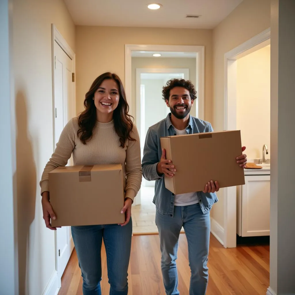 Couple carrying boxes into their new apartment in Graduate Hospital.