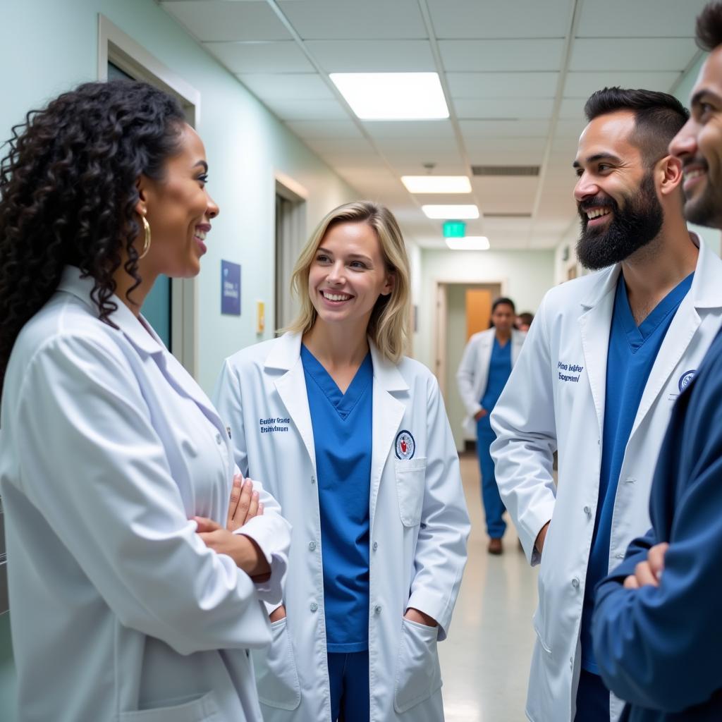 Group of diverse doctors smiling in a hospital hallway