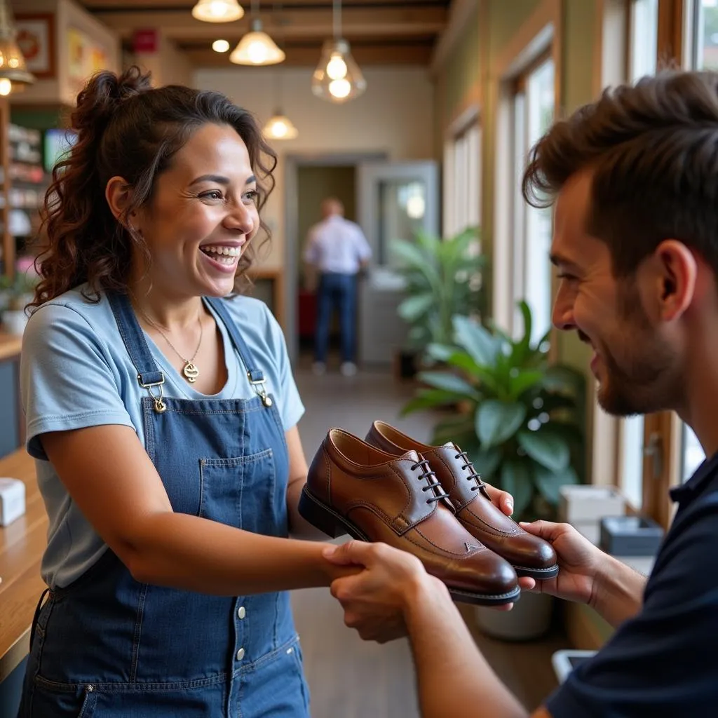 A customer interacting with staff at Houston Shoe Hospital Dairy Ashford