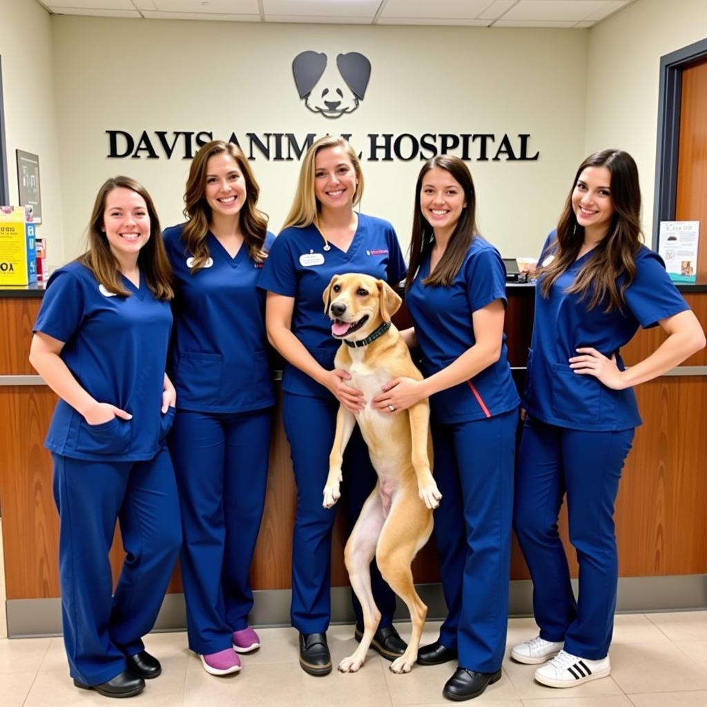 Veterinary Team Posing with a Dog and Owner at Davis Animal Hospital in CT