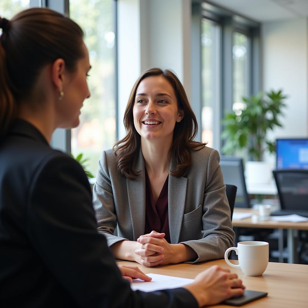 Job applicant confidently interviewing for a position at Deaconess Hospital