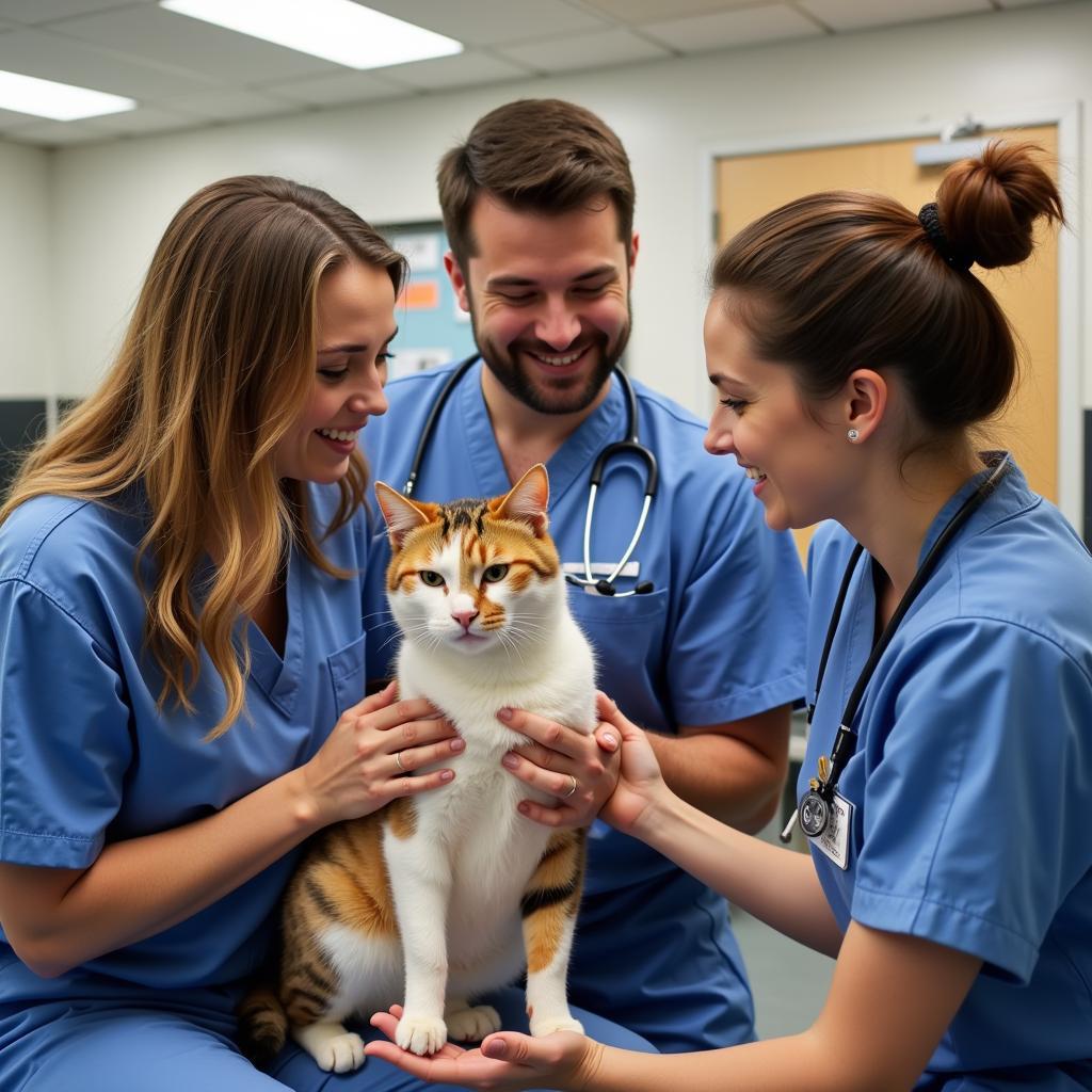 Veterinary Team Interacting with a Cat and its Owner