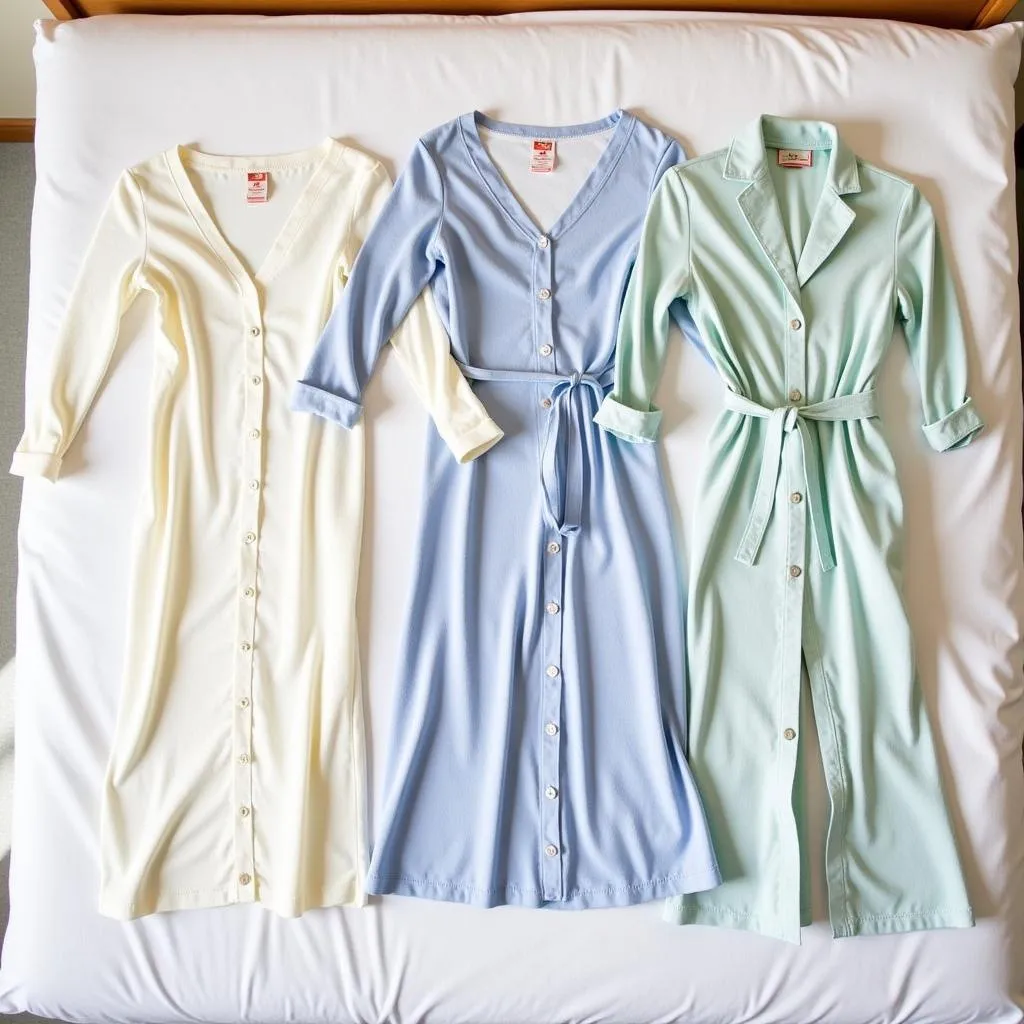 Three maternity gowns laid out on a hospital bed