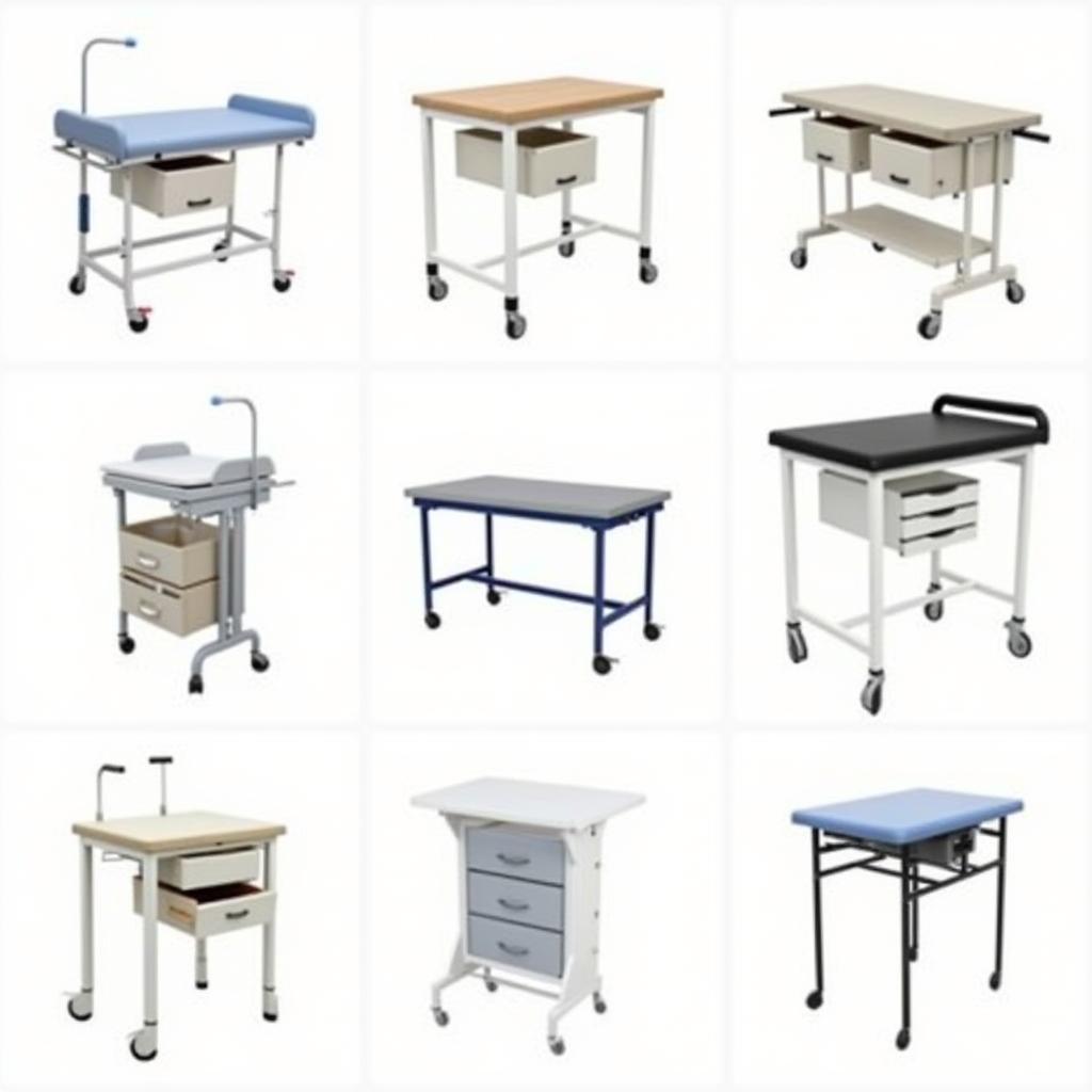 Various hospital bed tables with drawers on display