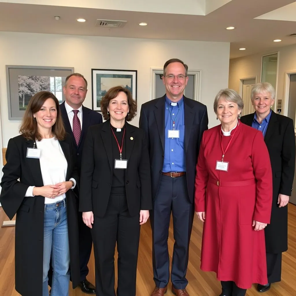 A diverse group of hospital chaplains gather for a meeting