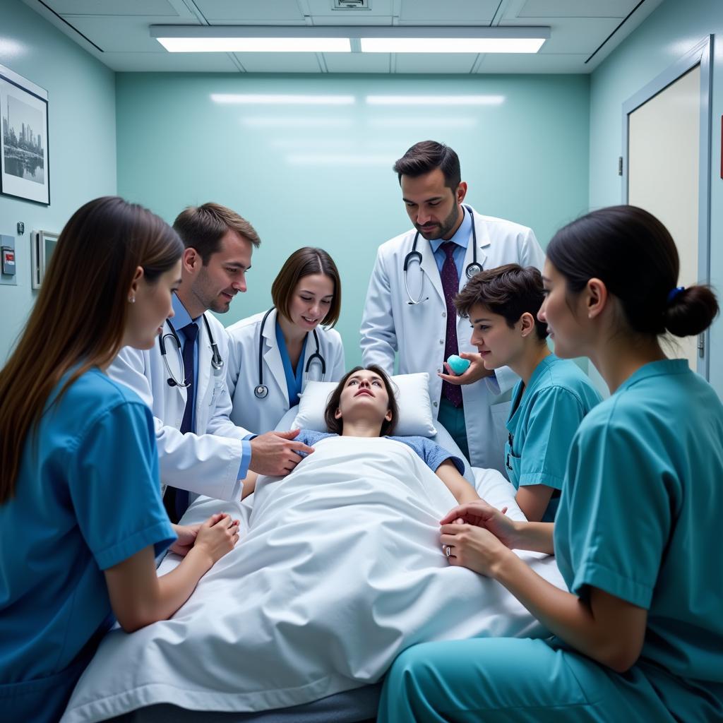 Medical team collaborating around a patient in a hospital bed