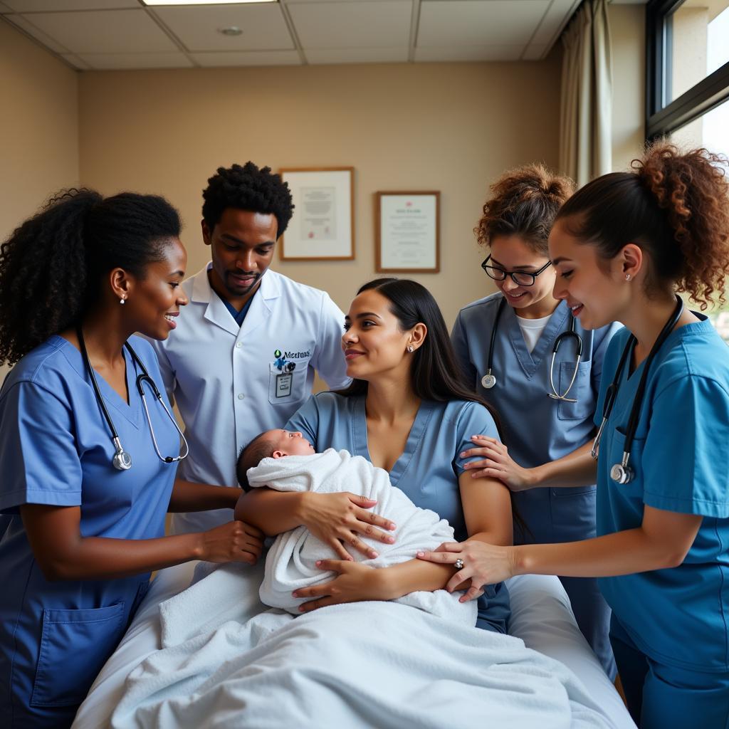 A team of diverse medical professionals assisting a mother during labor