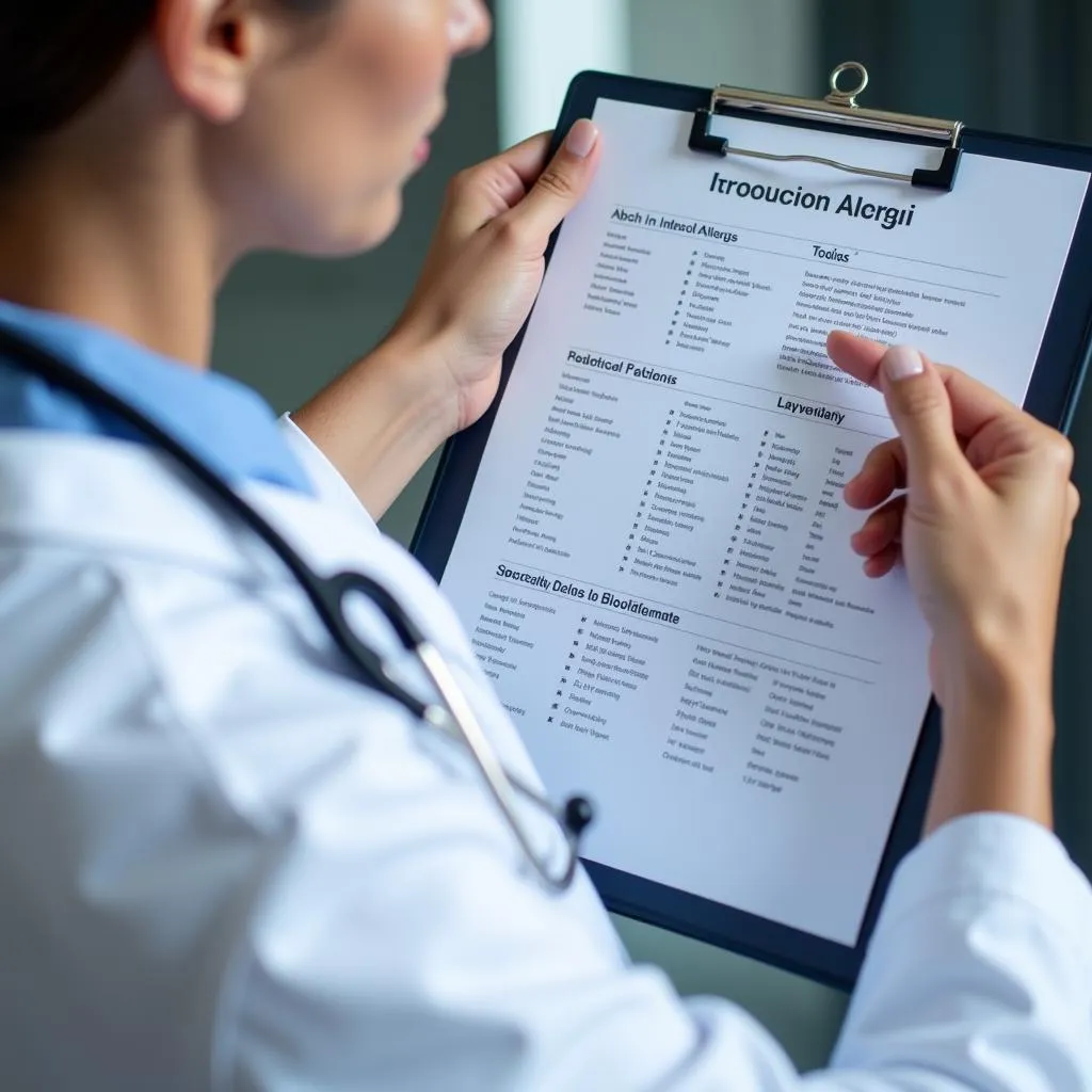 Doctor meticulously reviewing a patient's allergy information on a medical chart