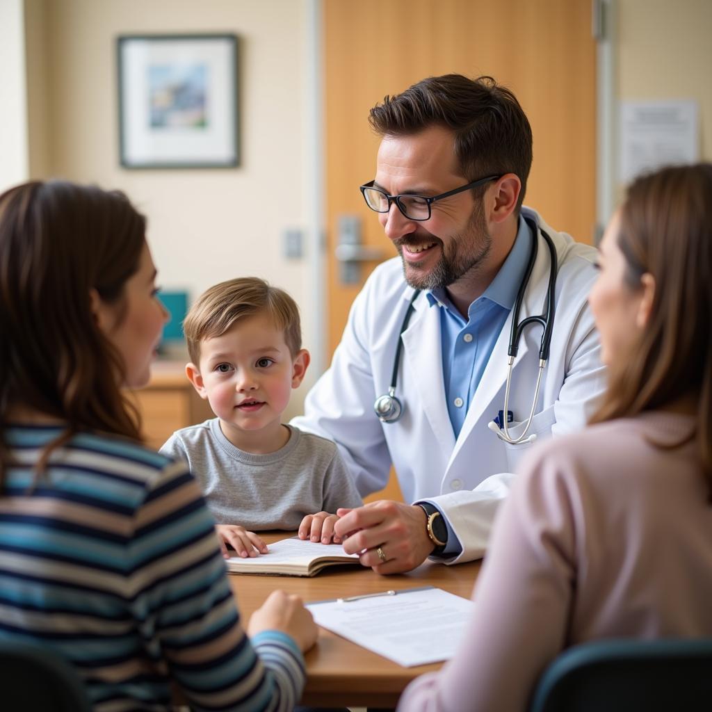 A doctor patiently explains a diagnosis to a child and their parents