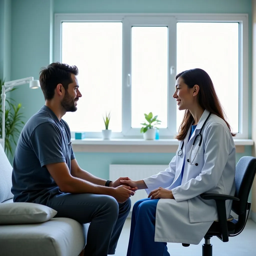 Doctor and patient discussing treatment options in a clearance hospital room