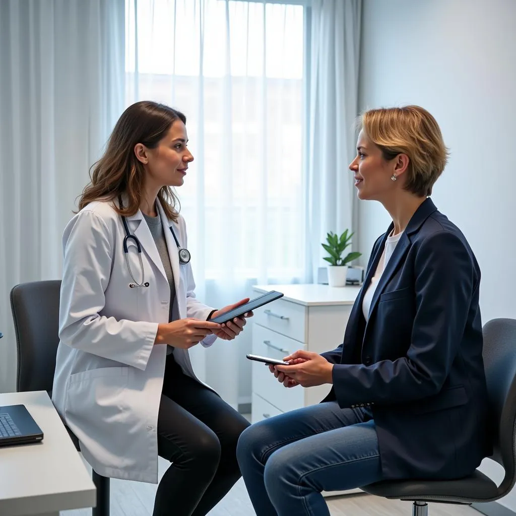 Doctor and patient engaged in a consultation in a well-equipped exam room