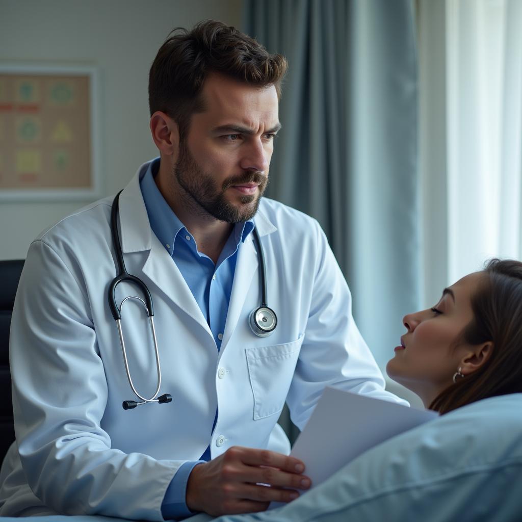 doctor reviewing patient chart with concerned expression