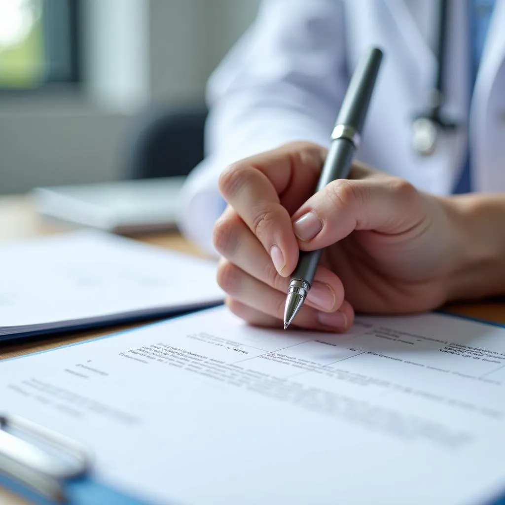 Close-up of Doctor's Hand Signing Official Document