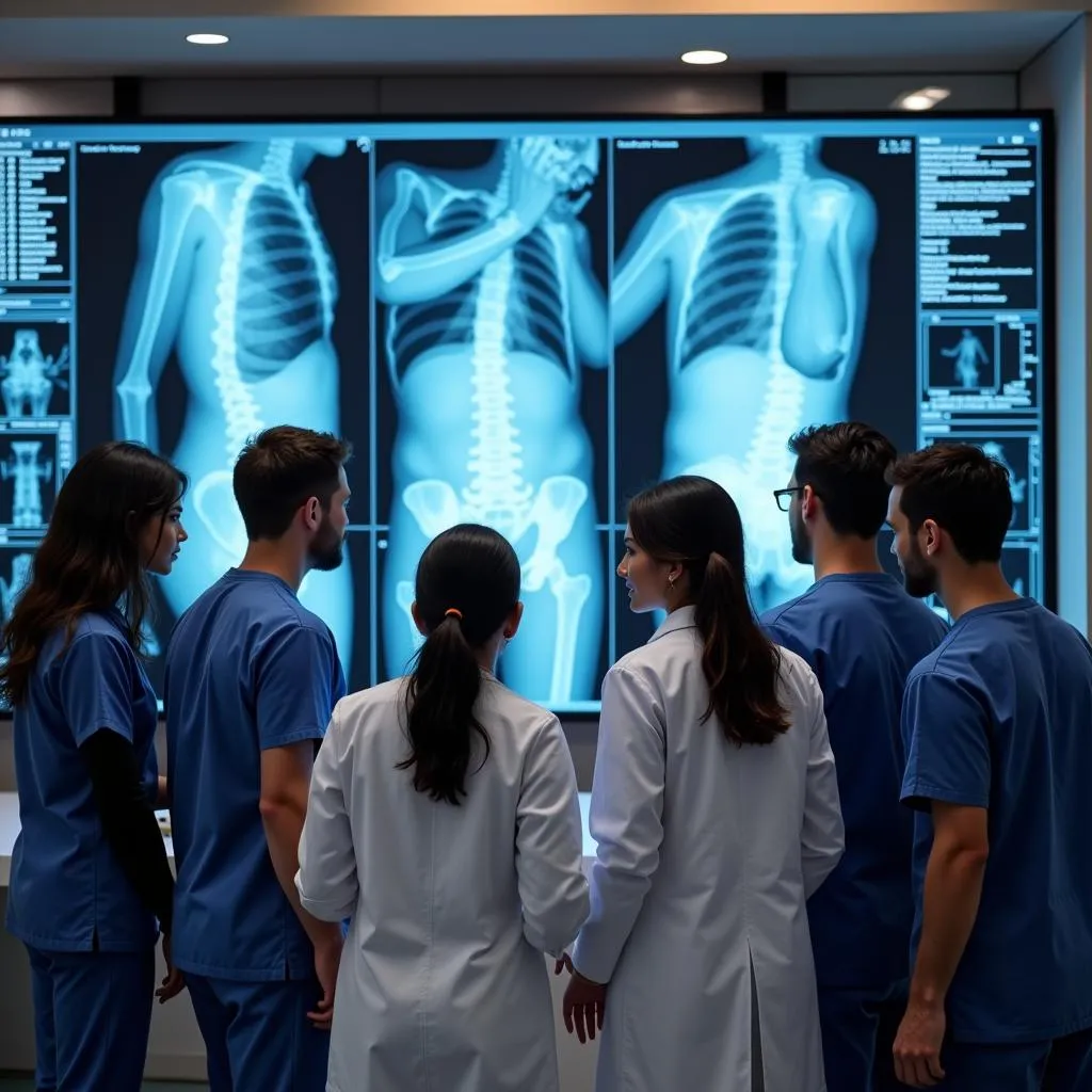 Team of doctors from various specialities gathered around a digital x-ray, discussing a patient's case