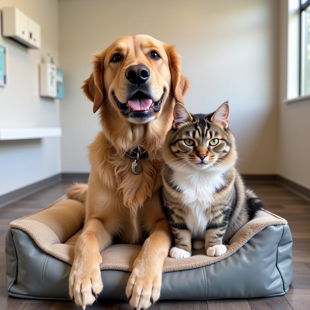  A happy dog and cat relax together at Rescued Heart Animal Hospital 