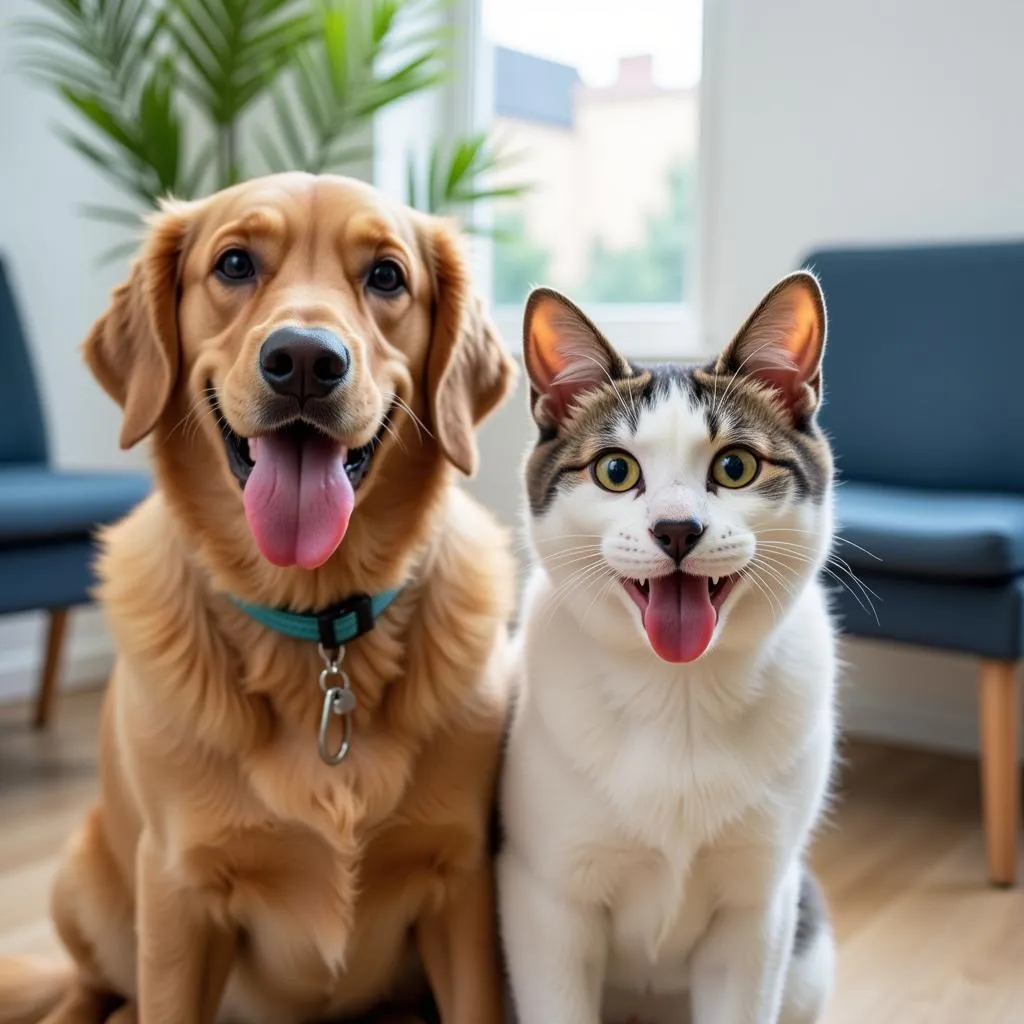 Dog and cat together at the veterinary clinic