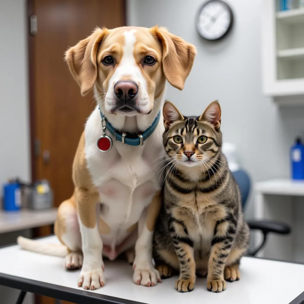 Dog and cat comfortably sitting together during a vet visit