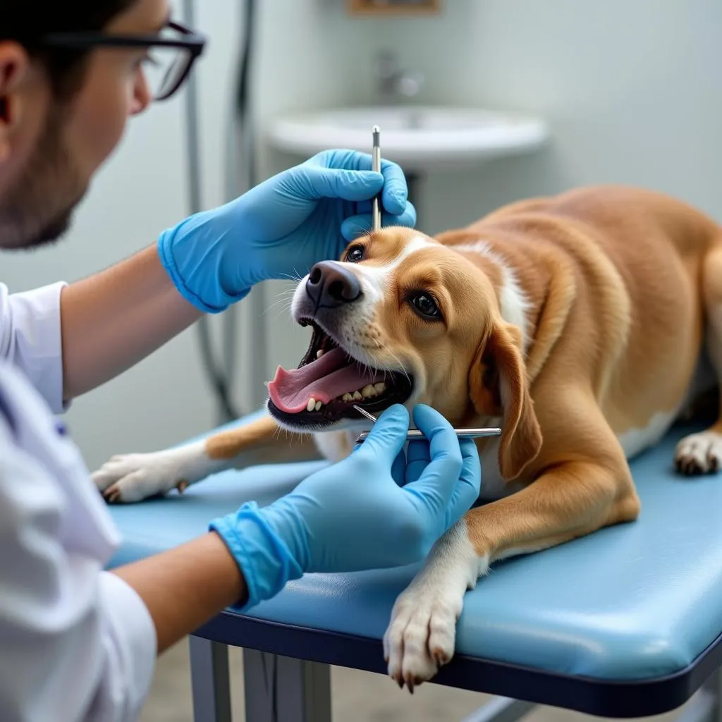 Veterinarian performing a dental checkup on a dog