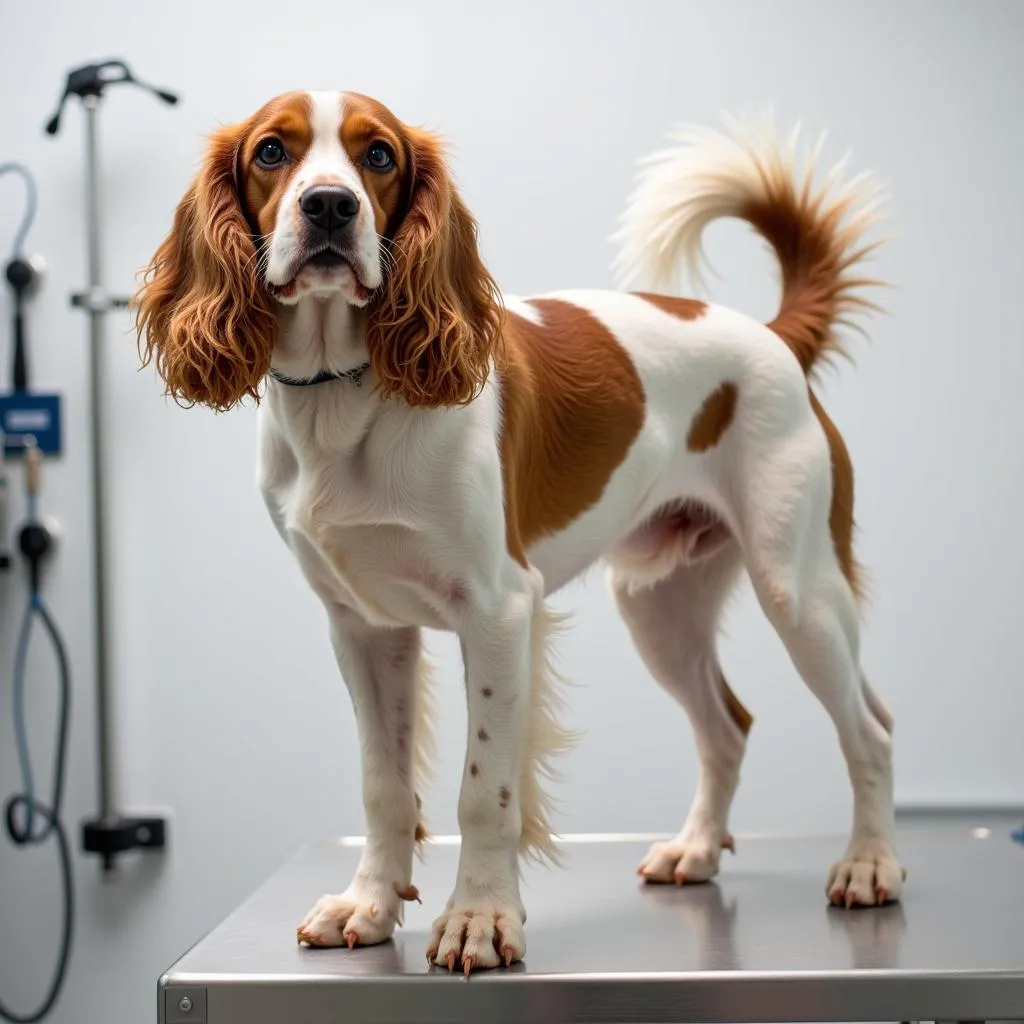 A dog stands calmly on an examination table in an animal hospital, waiting for the veterinarian.