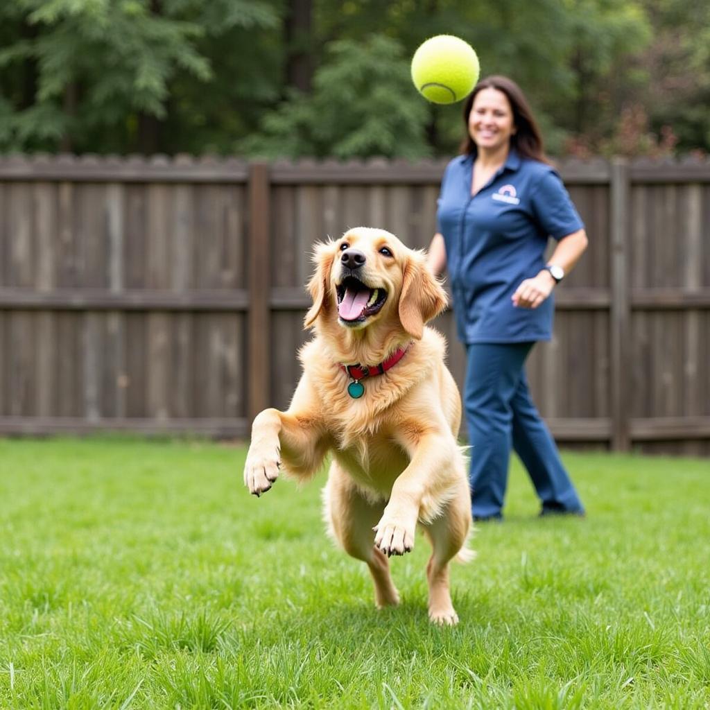 Dog playing fetch in the outdoor play area at Birmingham Animal Hospital Resort