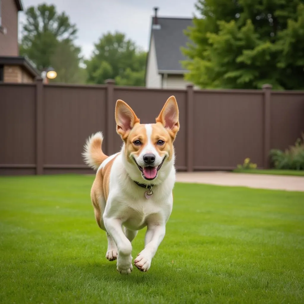 Dog Playing in Fenced Yard