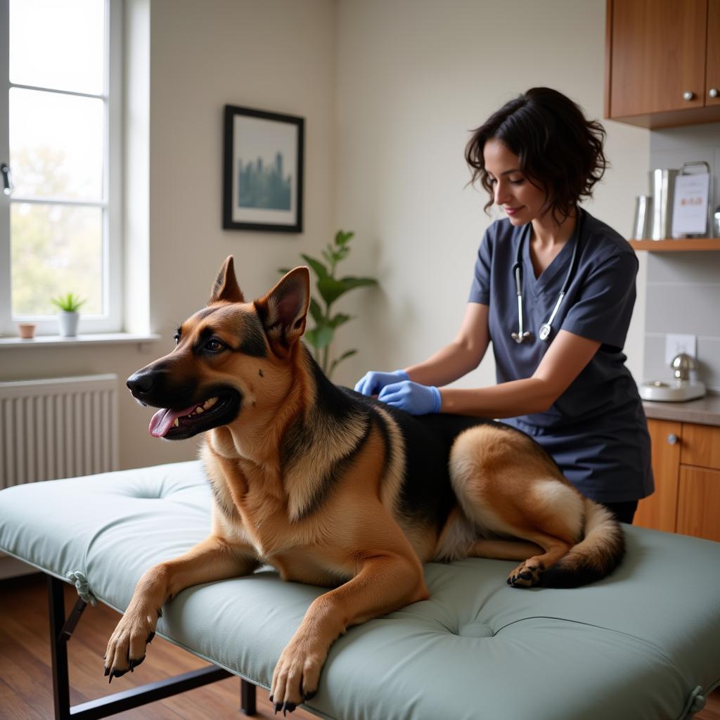 Dog calmly receiving acupuncture treatment in a veterinary clinic in Surprise, Arizona