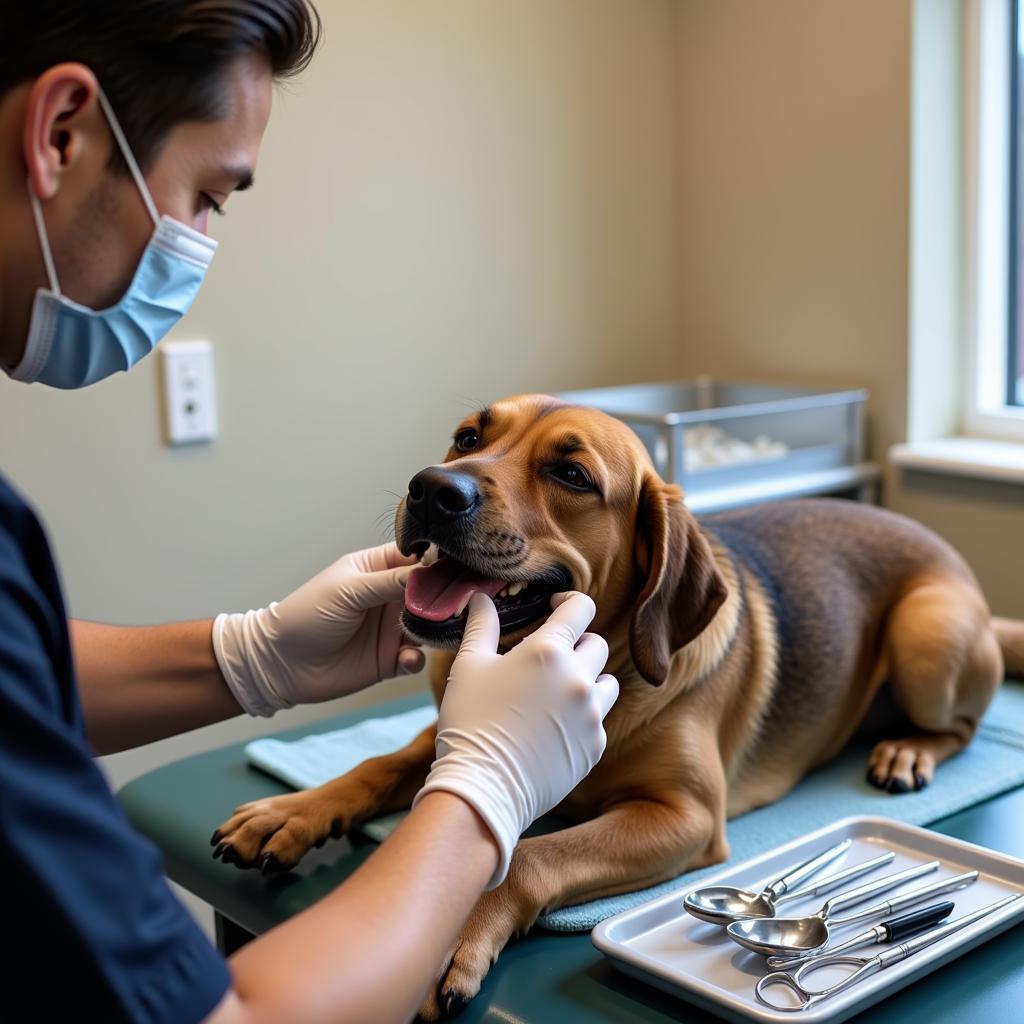 Veterinarian providing dental care to a dog